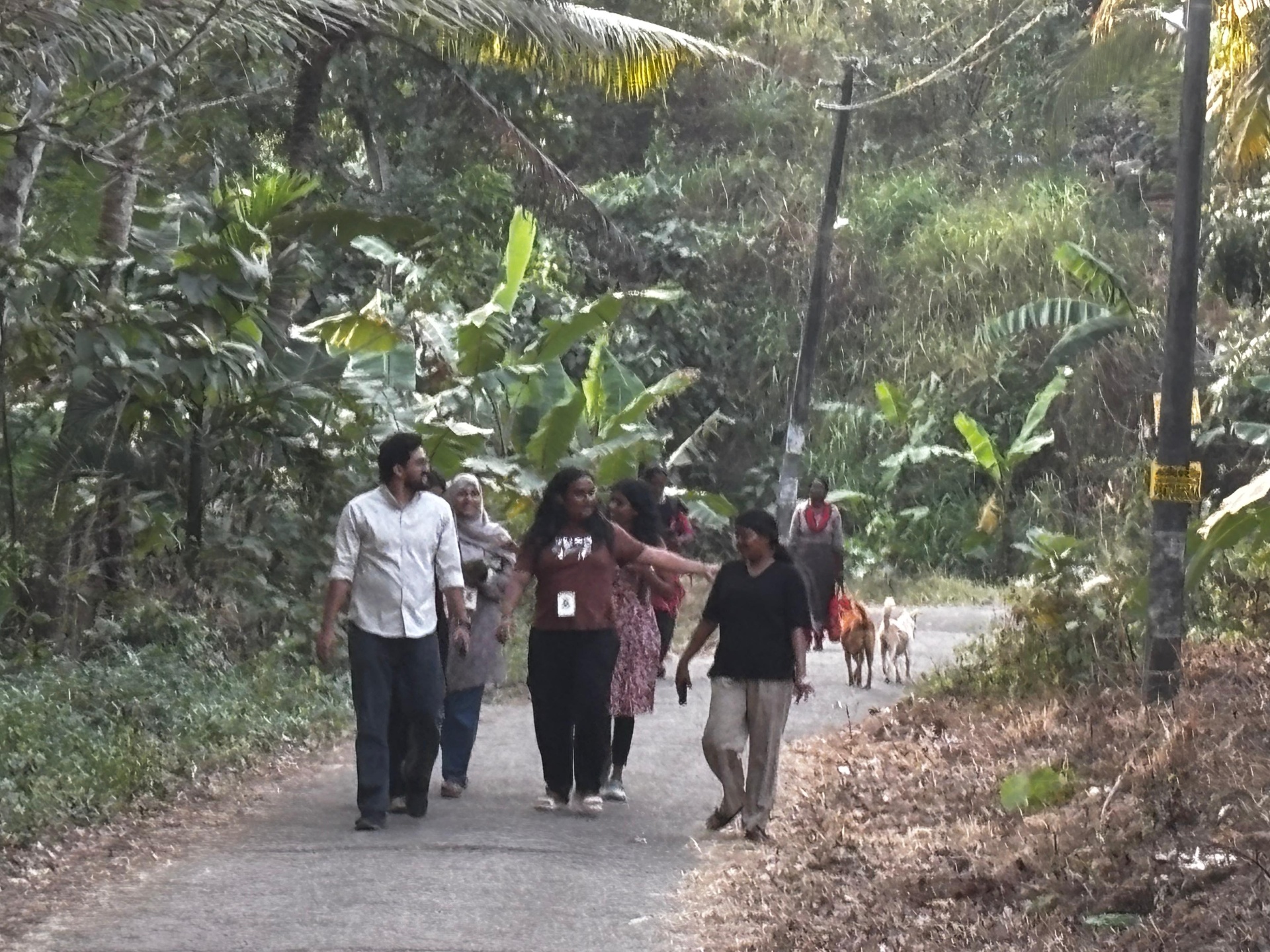 Cohort walking through a Kerala village lane during community immersion